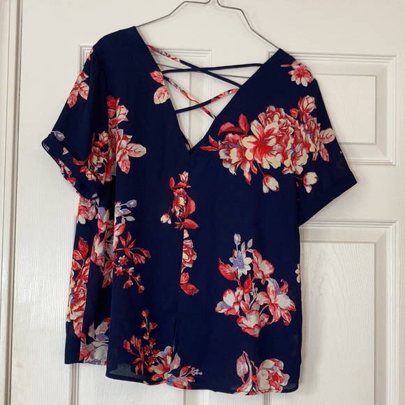 Sandy & sid floral navy pink short sleeve open stringy back blouse top shirt - Picture 3 of 17